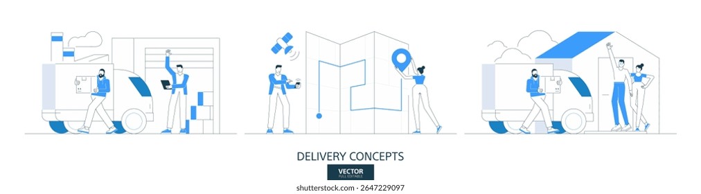 Courier shipment service, logistics illustrations set in thin line style. Fast delivery abstract linear vector design concepts. Parcel, map, transport flat icons. Business people characters team work.