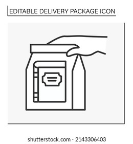  Courier shipping line icon. Book delivery hand by hand from a bookstore or library. Delivery concept. Isolated vector illustration. Editable stroke