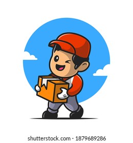 Courier Shipping Package Cartoon Vector Icon Illustration. People Profession Icon Concept Isolated Premium Vector. Flat Cartoon Style