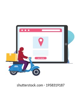 Courier shipping package flat vector illustration. Cartoon service man delivering parcel and using GPS navigation. Order and express delivery concept.