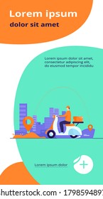Courier shipping package at moped flat vector illustration. Cartoon service man delivering parcel and using GPS navigation. Order and express delivery concept.