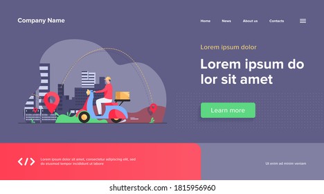 Courier shipping package at moped flat vector illustration. Cartoon service man delivering parcel and using GPS navigation. Order and express delivery concept.