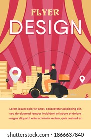 Courier shipping package at moped flat vector illustration. Cartoon service man delivering parcel and using GPS navigation. Order and express delivery concept.