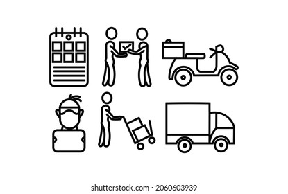 Courier shipping service line icons set, courier delivery box, parcel shipping, forklift truck.