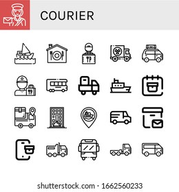 iconos simples de mensajería. Contiene iconos como Postwoman, Ship, Home Delivery, Delivery guy, Coche, Van, Delivery coche, date, puede ser usado para web, móvil y logotipo