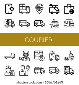 courier simple icons set. Contains such icons as Tracking, Truck, Delivery, Van, Ship, Worldwide shipping, Delivery guy, Postwoman, Delivery man, can be used for web, mobile and logo