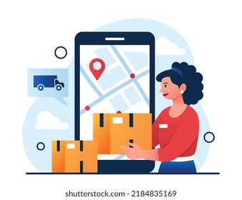 Courier in smartphone. Girl with box in hands looks at map for address. Geolocation, navigation and gps. Logistics and transportation of goods, online shopping. Cartoon flat vector illustration
