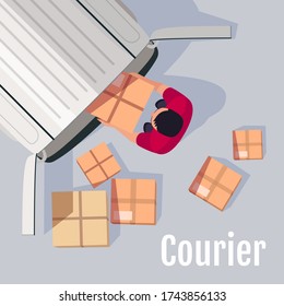 Courier social media post mockup. Delivery service worker top view. Advertising web banner design template. Social media booster, content layout. Promotion poster, print ads with flat illustrations