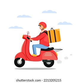 A courier with a square bag on his shoulders carries a delivery. isolated. Vector stock illustration. White background. Takeaway food. Express. Fast shipping to home