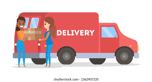 Courier standing with a box at the delivery car. Package transportation service. Fast delivery and logistic concept. Vector flat illustration