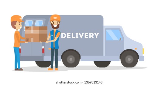 Courier standing with a box at the delivery car. Package transportation service. Fast delivery and logistic concept. Vector flat illustration