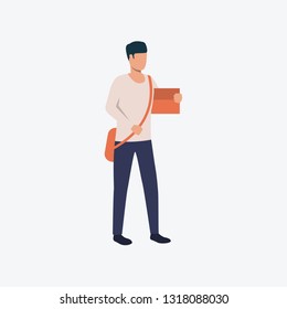 Courier standing, holding bag and package. Postman, student, job. Can be used for topics like business, post, delivery
