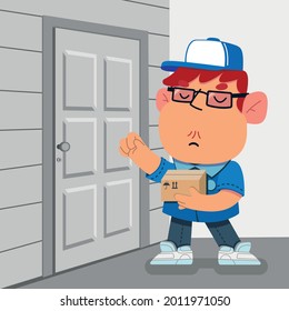 the courier stands with a box at the door