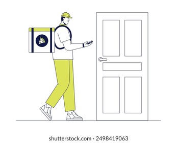 A courier stands in front of the door, ordering food delivery from home, vector illustration.