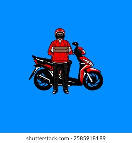 a courier stands holding a package next to his motorcycle vector illustration