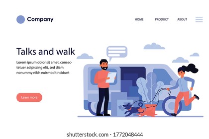 Courier talking to woman walking dog. Moving house, truck, cardboard box flat vector illustration. Delivery service concept for banner, website design or landing web page