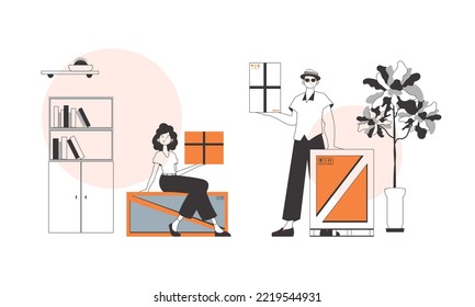 Equipo de Courier. Proveedor de paquetes. Estilo lineal.