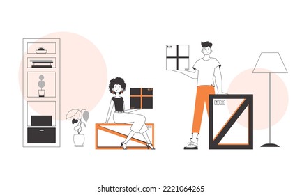 Courier team. Parcel Provider. Linear modern style.