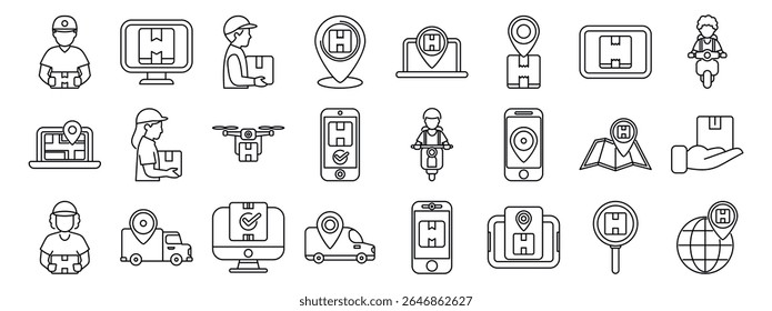  Courier tracking icons set. Line icons representing couriers delivering packages, utilizing various tracking apps and gps devices for efficient and timely delivery