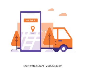 Courier transporting the order using a delivery truck, to the customer's home. Character design. Vector flat illustration