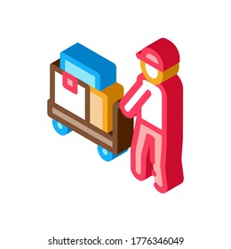 Courier with Trolley on Wheels Icon Vector. Isometric Courier with Trolley on Wheels sign. color isolated symbol illustration