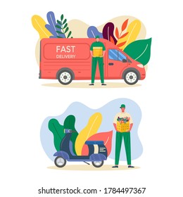 Courier with truck and bike, holding in hand parcel ready for fast delivery to the recipient, isolated. Online delivery service concept. Vector illustration with postal parcel, pack, box