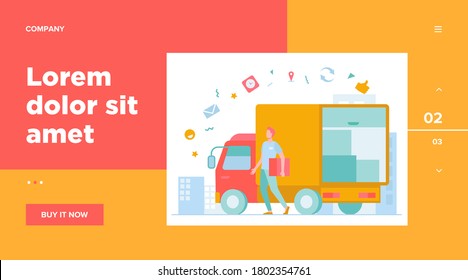 Courier with truck delivering order. Man carrying box from shipping lorry with other packages. Vector illustration for delivery service, transport, logistics concept