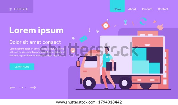 Courier with truck\
delivering order. Man carrying box from shipping lorry with other\
packages. Vector illustration for delivery service, transport,\
logistics concept