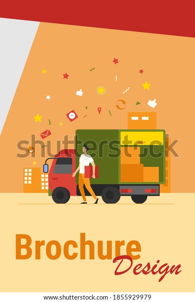 Courier with truck\
delivering order. Man carrying box from shipping lorry with other\
packages. Vector illustration for delivery service, transport,\
logistics concept