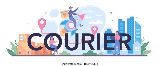 Courier typographic header. Delivery person in uniform with box from the truck. Online food delivery. Goods order in the internet. Express logistic concept. Vector illustration in cartoon style