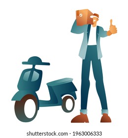 A courier in uniform and cap holds a box with delivery, an approving gesture, the best courier service. Fast delivery of ready meals and products to your home. A man with a parcel next to a scooter. 