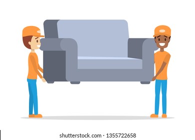 Courier in the uniform carry sofa. Fast delivery service. People moving furniture. Loading or unloading. Vector flat illustration