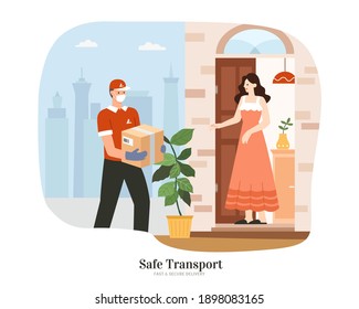 Courier with uniform and face mask delivering a parcel to home. Flat illustration. Concept of safe and clean delivery during COVID-19 outbreak.