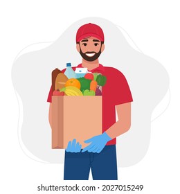 Courier in uniform with food in a paper bag. Food delivery services. Flat vector illustration