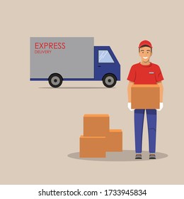 Courier in uniform and gloves with box in hands. Full length man with delivery machine in the background.Stock vector illustration.