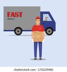 Courier in uniform and gloves with paper bag with food in hands. Full length man with delivery machine in the background.Stock vector illustration.