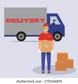 Courier in uniform and gloves with paper bag with food in hands. Full length man with delivery machine in the background.Stock vector illustration.
