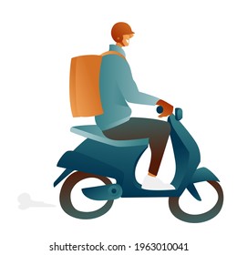 A courier in uniform and helmet with a courier bag on his back, goes to order. Fast delivery of ready meals and products to your home, a man with a parcel on a scooter. 