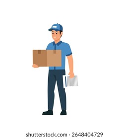 Courier in uniform holding a cardboard box and delivery document, standing with a smile ready to ship packages
