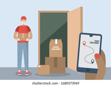 Courier in uniform and medical mask brought package to door. Mobile phone with tracker in hand, Food delivery services while quarantine. Stay safe cocept. Flat vector illustration.