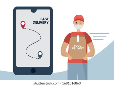 Courier in uniform and medical mask brought package. Mobile phone with tracker, Food delivery services while quarantine. Stay safe cocept. Flat vector 