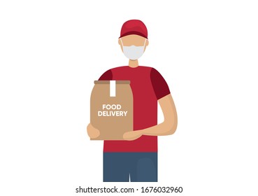 Courier In Uniform And Medical Mask. Food Delivery Services While Quarantine. Virus Infection Prevention. FLat Vector Illustration.