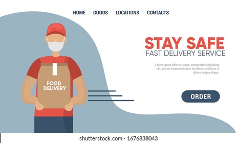 Courier In Uniform And Medical Mask. Food Delivery Services While Quarantine. Template For Website, Landing Page. Flat Vector Illustration.