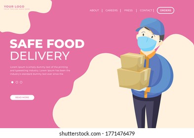 Courier in uniform and medical mask. Food delivery services while quarantine.
Online Food delivery service vector illustration concept,order food via Web Browser,landing page,template,UI Design.