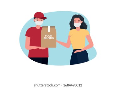 Courier in uniform and medical mask  gives package to customer. Food delivery services while quarantine. Flat vector illustration.