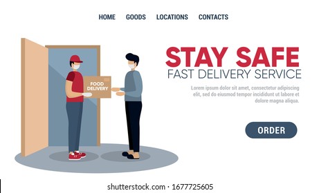 Courier in uniform, medical mask and gloves gives box to customer. Food delivery services while quarantine. Template for website, landing page. Flat vector illustration.