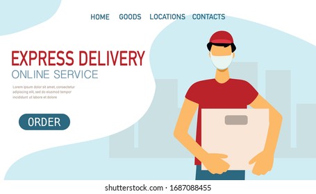 Courier in uniform and medical mask with package and silhouette of city. Vector flat  illustration,  design online express delivery service concept. Template for website, landing page, banner
