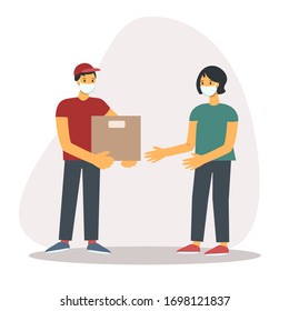 Courier in uniform with medical mask, package and young woman in mask isolated on beige background . Vector flat  illustration,  design online express delivery service concept