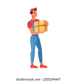 Courier in uniform with parcel box in hands deliver box to address, isolated flat cartoon character. Vector delivery of parcel package, courier with carton or cardboard cargo package