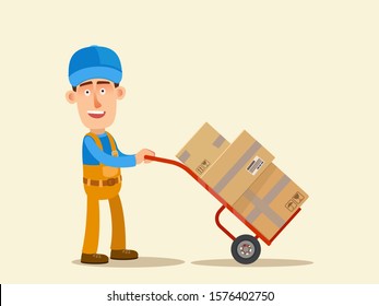 Courier in uniform, pushing a hand truck with cardboard boxes. Delivery service, storage worker. Vector illustration, flat design cartoon style. Isolated background.